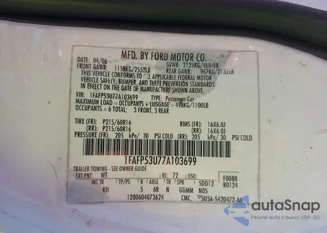 2007 Ford Taurus Se from USA, damaged, VIN 1FAFP53U77A103699